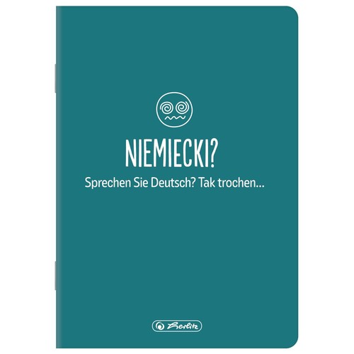 Turkusowy zeszyt z napisem "Niemiecki?" i "Czy mówisz po niemiecku? Trochę...". Na górze grafika z zawrotnymi oczami. Logo Berlitz.