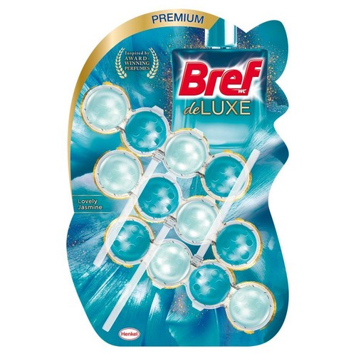 Opakowanie Bref WC de LUXE, zawieszka do WC o zapachu Uroczy Jaśmin. Produkt premium z 12 kulkami.
