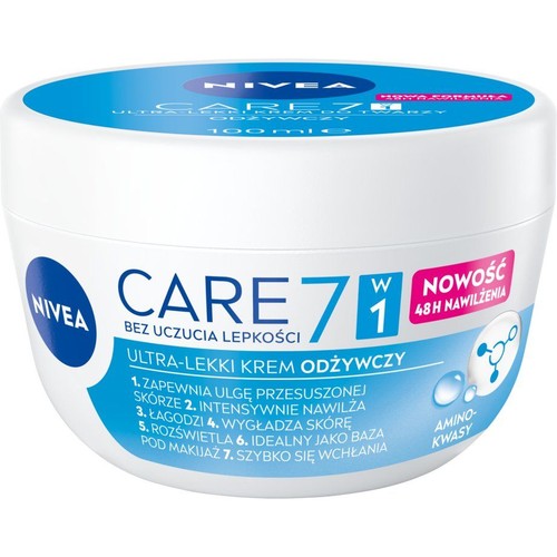 Nivea Care 7w1 Ultra-Lekki Krem Odżywczy, 100ml. Nowość zapewniająca 48H nawilżenia bez uczucia lepkości. Z aminokwasami, łagodzi przesuszoną skórę, intensywnie nawilża, wygładza, rozświetla, szybko się wchłania i jest bazą pod makijaż.