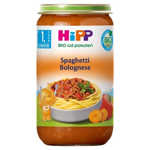 Produkt HiPP BIO Spaghetti Bolognese w słoiku. Etykieta z rysunkiem dania, pomidora i marchewki.