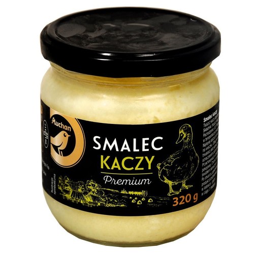 Słoik smalcu kaczego Auchan Premium, 320 g. Na czarnej etykiecie biały napis i grafika kaczki.