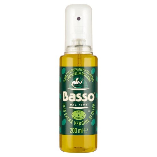Oliwa z oliwek extra vergine Basso w butelce z atomizerem, 200 ml. Etykieta w kolorze zielonym z białym napisem "Basso" i informacją "Oliwa z oliwek najwyższej jakości z pierwszego tłoczenia".