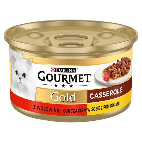 Mokra karma dla dorosłych kotów z wołowiną i kurczakiem w sosie z pomidorami Gourmet 85 g