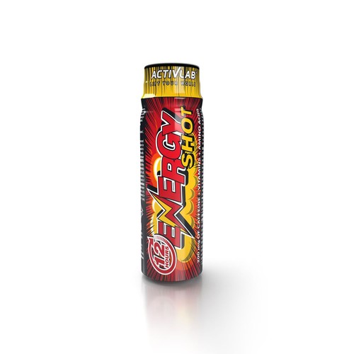 Butelka Activlab Energy Shot, napój energetyczny. Etykieta z dynamicznym wzorem w kolorach czerwonym, czarnym i żółtym. Widoczne napisy: "Activlab", "Energy Shot", "200 mg kofeiny + witaminy + aminokwasy". Produkt dla sportowców.