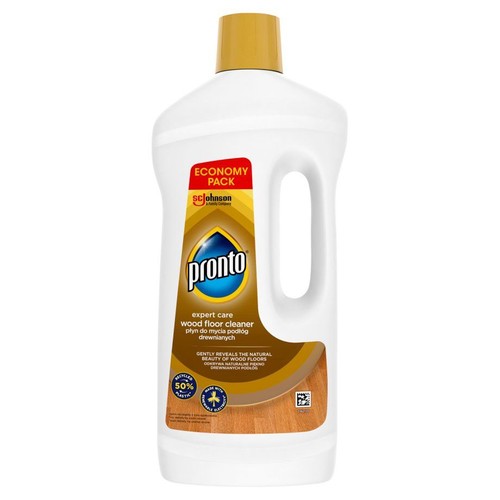 Butelka płynu Pronto do drewna, 50% z recyklingu. Etykieta z grafiką drewnianej podłogi.