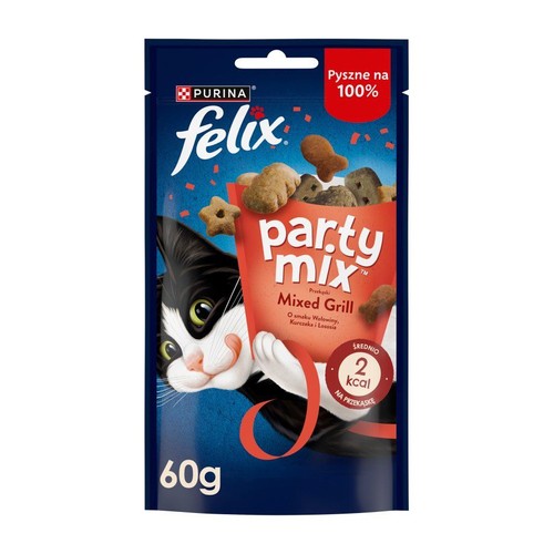 Ciemnoniebieska saszetka Felix Party Mix Grill z grafiką kota i smakołykami. Waga 60g.