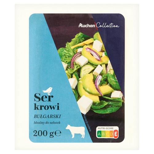 Auchan Collection Ser krowi bułgarski, 200g. Na opakowaniu zdjęcie sałatki z serem.