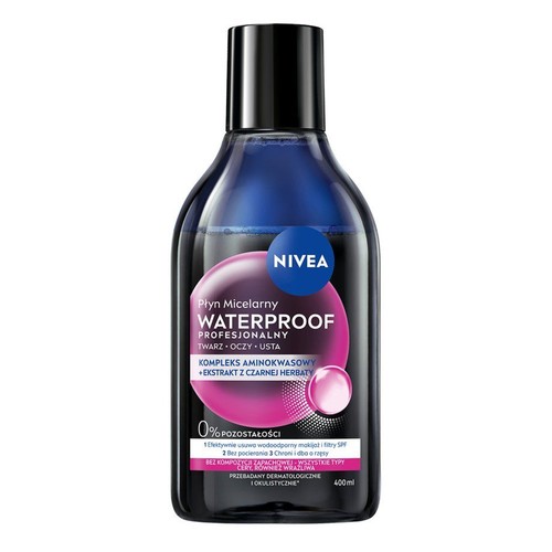 Nivea Płyn Micelarny Waterproof Profesjonalny, 400ml. Skutecznie usuwa wodoodporny makijaż i filtry SPF z twarzy, oczu i ust. Nie wymaga pocierania, chroni rzęsy. Bez kompozycji zapachowych, dla wszystkich typów cery.