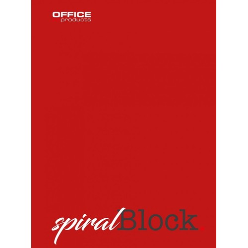 Czerwona grafika promocyjna z białym napisem OFFICE products w lewym górnym rogu. Na dole, biały, kursywny napis spiral łączy się z szarym Block, tworząc pełną nazwę produktu. Minimalistyczny design.