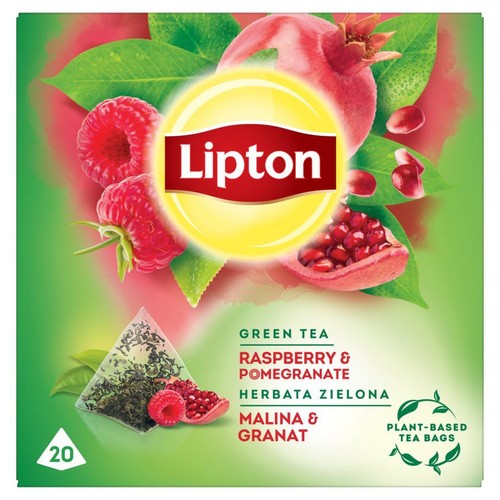 Lipton Zielona herbata z maliną i granatem, 20 torebek. Torebki herbaty pochodzenia roślinnego.