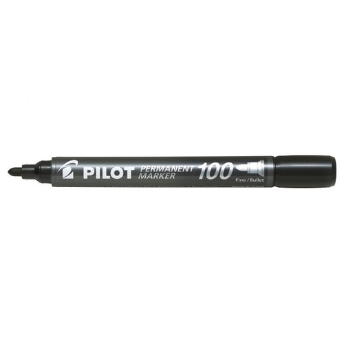 Czarny marker permanentny Pilot 100 z końcówką cienką/stożkową.