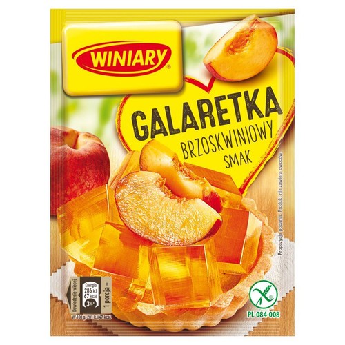 Saszetka Winiary Galaretka Brzoskwiniowy Smak. Na opakowaniu logo Winiary i duży napis "Galaretka Brzoskwiniowy Smak". Grafika deseru z galaretką i brzoskwiniami, co jest propozycją podania. Produkt nie zawiera owoców.