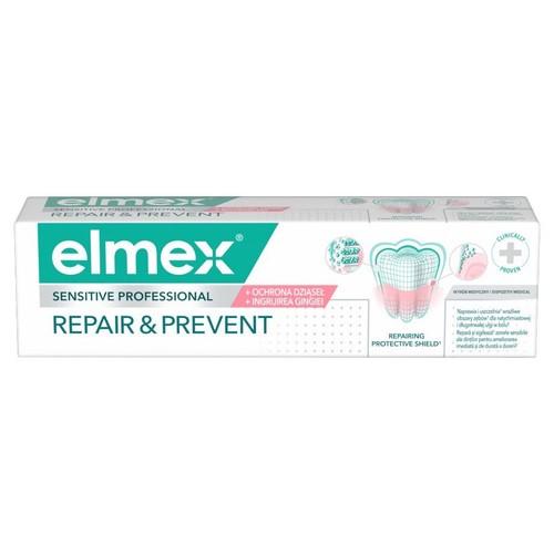 Pudełko pasty elmex Sensitive Professional Repair & Prevent. Zapewnia ochronę dziąseł i naprawę wrażliwych zębów. Klinicznie udowodnione.