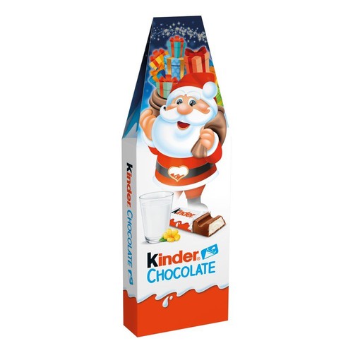 Opakowanie Kinder Chocolate w kształcie prostopadłościanu z grafiką Świętego Mikołaja, prezentów, szklanki mleka i czekolady.