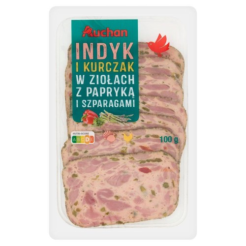 Produkt Auchan: indyk i kurczak w ziołach z papryką i szparagami, pokrojony w plastry, 100 g.