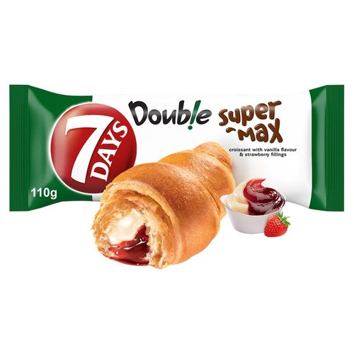 Opakowanie 7 DAYS Double Super Max, rogalik z nadzieniem waniliowym i truskawkowym, 110g. Obok miseczka z kremem i truskawką.