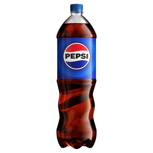 Butelka napoju Pepsi z niebieską etykietą i logo. Niebieska zakrętka.