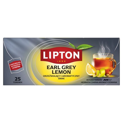 Lipton Earl Grey Lemon, czarna herbata aromatyzowana z naturalną cytryną. Pudełko zawiera 25 torebek.