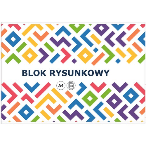 Blok rysunkowy formatu A4, 20 kartek. Okładka z abstrakcyjnym wzorem złożonym z kolorowych kształtów na białym tle.