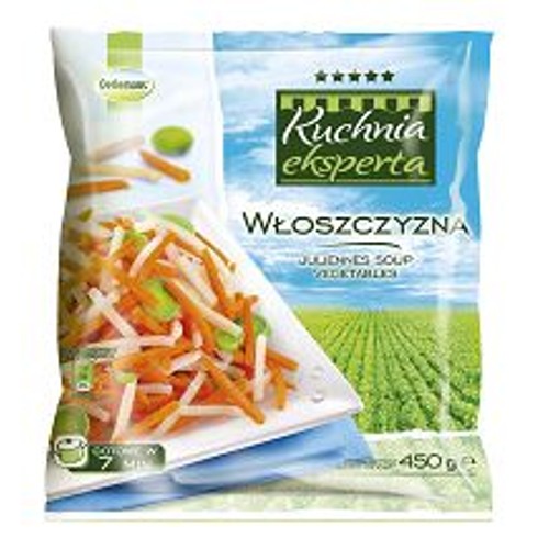 Opakowanie mrożonej włoszczyzny Kuchnia eksperta, 450 g. Na opakowaniu grafika talerza z pokrojonymi warzywami: marchew, pietruszka, bób.