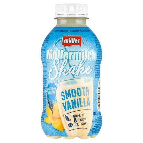 Butelka Müllermilch Shake o smaku waniliowym, 400 ml. Na etykiecie grafika szklanki z napojem i kwiat wanilii.