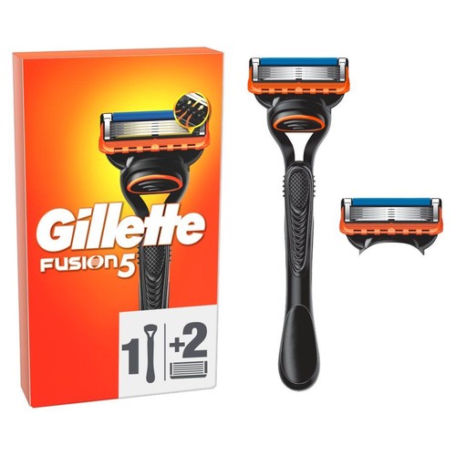 Maszynka Gillette Fusion5 z czarną rączką i pomarańczowymi elementami. W zestawie 1 maszynka i 2 ostrza wymienne.