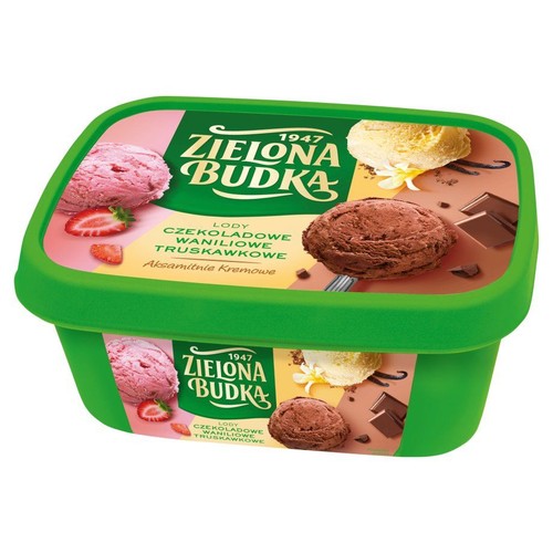 Zielona Budka, aksamitnie kremowe lody o smaku czekolady, wanilii i truskawki. Zielony pojemnik z grafiką gałek lodów.