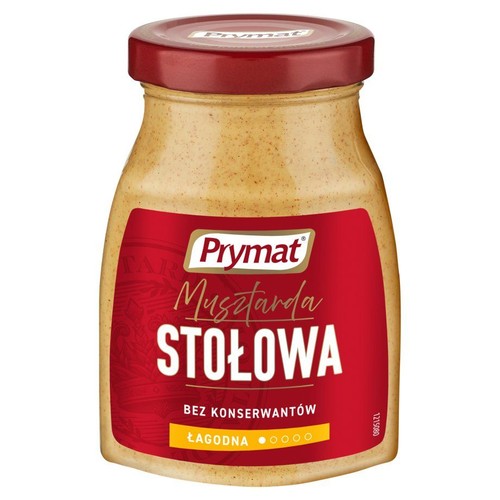Słoik musztardy stołowej Prymat, łagodnej, bez konserwantów, z czerwoną etykietą i zakrętką.