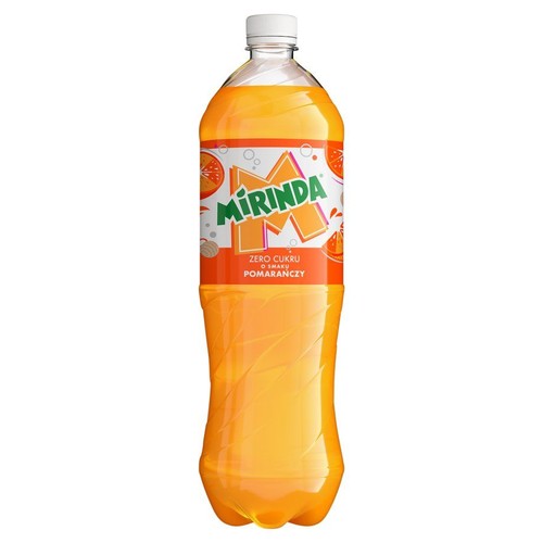Mirinda Zero Cukru, napój pomarańczowy w plastikowej butelce z białą zakrętką.