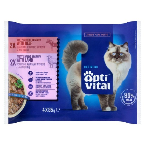 Opakowanie zbiorcze karmy OptiVital Cat Menu, 4x85g. Niebieska torebka z grafiką kota i opisem smaków: szarpane kawałki z wołowiny i jagnięciny.