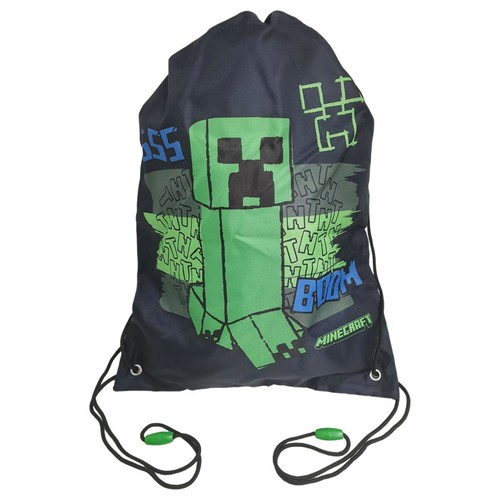 Granatowy worek na ramię z grafiką zielonego Creepera z gry Minecraft. Napis "THT BOOM".