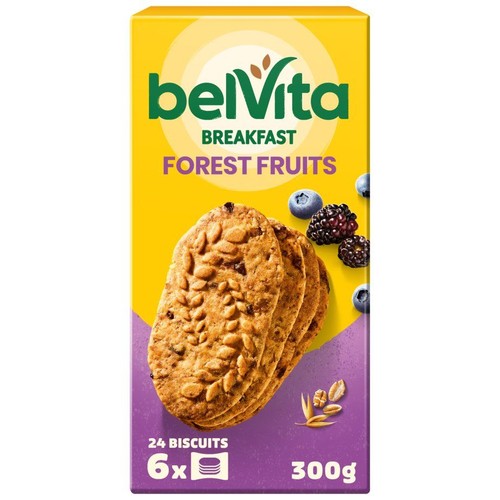 Opakowanie BelVita Breakfast Leśne Owoce. Zawiera 24 herbatniki w 6 opakowaniach, waga 300g. Na opakowaniu grafika herbatników i owoców leśnych.