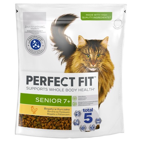 Białe opakowanie karmy Perfect Fit Senior 7+ dla kotów, bogatej w kurczaka. Na torbie widnieje grafika brązowego kota i przezroczyste okienko z suchą karmą. Produkt wspiera zdrowie całego ciała i zawiera naturalne prebiotyki.