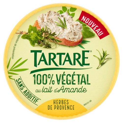 Okrągłe opakowanie Tartare, wegański krem do smarowania z mleka migdałowego o smaku ziół prowansalskich. Produkt bez dodatków.