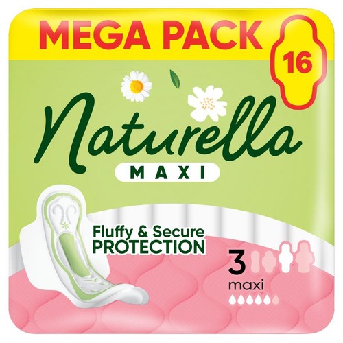 Podpaski Naturella Maxi, 16 sztuk, mega pak. Opakowanie z informacją o puszystej i bezpiecznej ochronie. Chłonność 3.