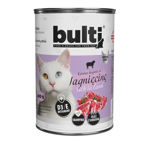 Karma mokra dla kotów bogata w jagnięcinę  Bult 400 g