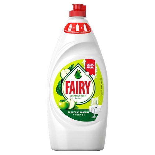 Butelka skoncentrowanego płynu Fairy Jabłko, 1.25L. Etykieta z grafiką jabłek i czystych naczyń.