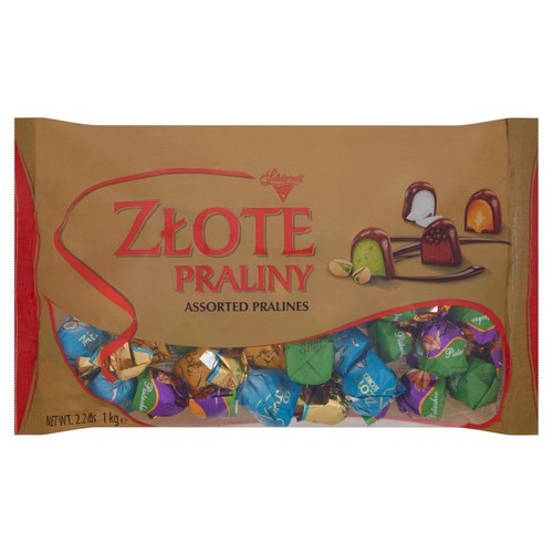 Brązowa torebka Solidarność Złote Praliny, 1 kg. Widoczne okienko z różnokolorowymi, indywidualnie zapakowanymi pralinami.