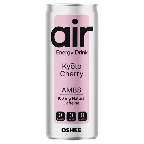 Srebrna puszka napoju energetycznego Air Kyōto Cherry. Na różowym tle widnieje nazwa "Air Energy Drink" i "Kyōto Cherry". Zawiera 100 mg naturalnej kofeiny, 0 cukrów, 0 kcal i 0 węglowodanów. Marka OSHEE.