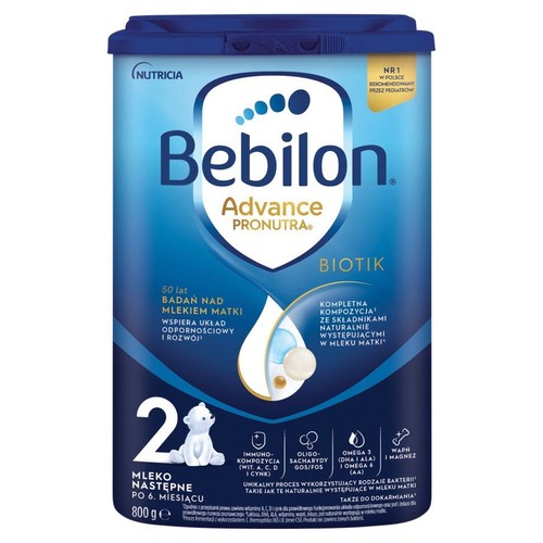 Niebieskie opakowanie mleka Bebilon Advance Pronutra Biotik 2, 800g. Przeznaczone dla dzieci po 6. miesiącu. Zawiera Immuno-kompozycję (wit. A, C, D, cynk) oraz Oligosacharydy GOS/FOS.