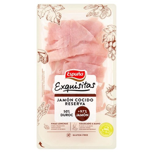 Opakowanie szynki gotowanej Espuña Exquisitas Reserva, z 50% mięsa Duroc, ręcznie układane plastry.
