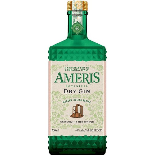 Butelka ginu Ameris Botanical Dry Gin o pojemności 700 ml. Zielone szkło, etykieta z miedzianym alembikiem i botanicznymi wzorami.