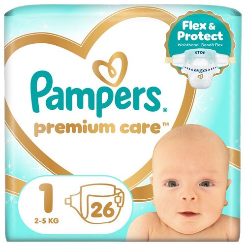Pieluszki Pampers Premium Care, rozmiar 1, 26 sztuk. Opakowanie z grafiką dziecka i napisem Flex & Protect.