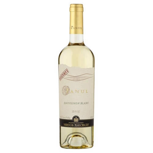 Elegancka butelka wina Panul Reserve Sauvignon Blanc z rocznika 2015. Butelka ma złotą zakrętkę i beżową etykietę z nazwą wina, rocznikiem oraz informacją o pochodzeniu z Winnic Marchigüe w Dolinie Colchagua, Chile.