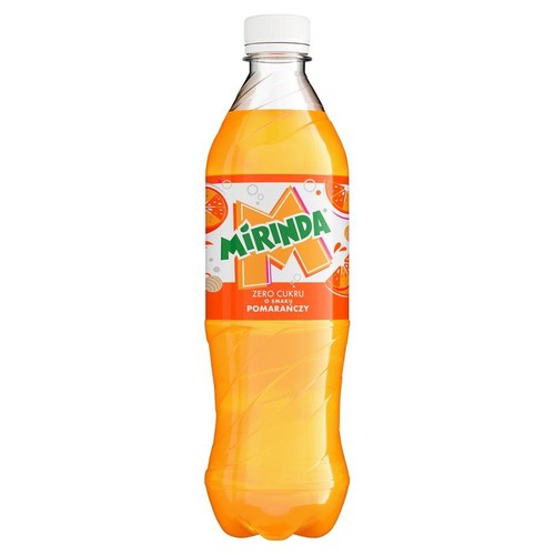 Butelka napoju Mirinda Zero Cukru o smaku pomarańczowym. Pomarańczowa etykieta z zielonym logo.