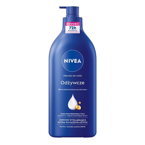 Niebieska butelka Nivea Mleczko do ciała Odżywcze z pompką. Produkt dla suchej i bardzo suchej skóry, oferujący 72h nawilżenia i intensywne odżywienie. Zawiera czysty kwas hialuronowy, olejek migdałowy i serum.