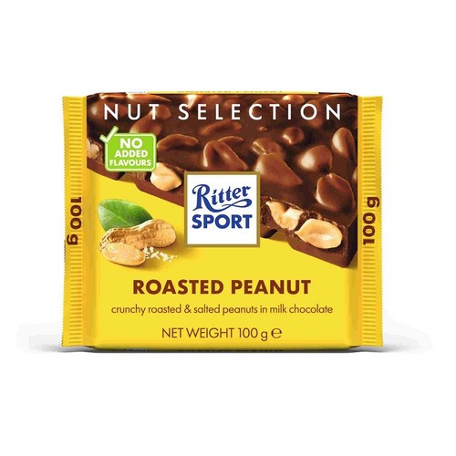 Ritter Sport Nut Selection Roasted Peanut, 100g. Mleczna czekolada z chrupiącymi, prażonymi i solonymi orzeszkami ziemnymi. Na opakowaniu widać orzeszki w łupinach i bez. Bez dodatku aromatów.