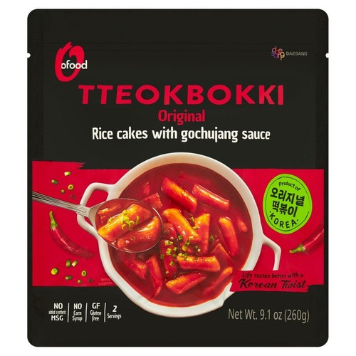 O'food Tteokbokki Original, kluski ryżowe w sosie gochujang. Opakowanie 260g, 2 porcje. Bez MSG, bez syropu kukurydzianego, bezglutenowe.