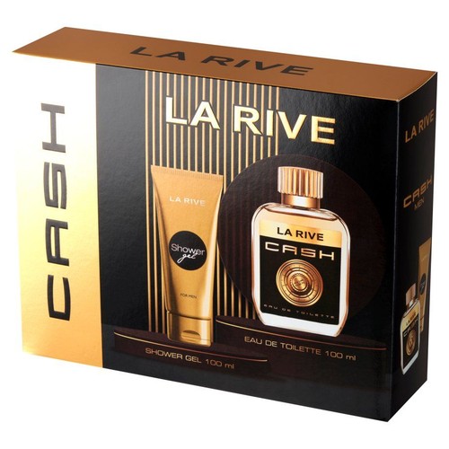 Czarno-złote pudełko zestawu La Rive Cash for Man. Widoczne produkty: woda toaletowa 100 ml i żel pod prysznic 100 ml.
