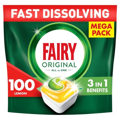 Opakowanie Fairy Original All in One, 100 tabletek do zmywarki o zapachu cytrynowym.